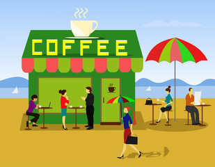 People are sitting and resting, drinking coffee. At the green coffee shop With sea and blue sky as the background