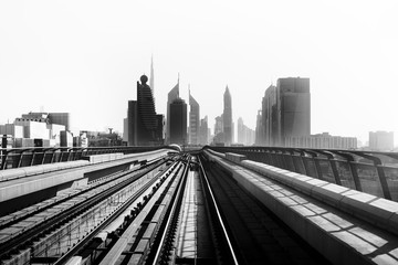 Fototapeta premium Dubai Metro. View of the city. UAE. Black and white photo.