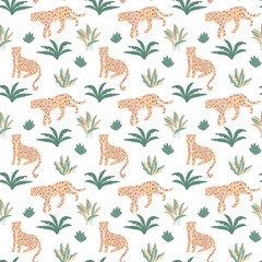 Seamless pattern Exotic tropics. Leopard in the jungle. Paradise, tropic plants and trees