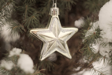Christmas decoration in the form of a silver star with patterns on the background of snow-covered coniferous tree close-up