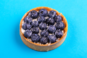 Delicious blueberry tartlet with vanilla cream on bright blue background