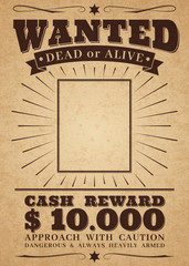 Wanted vintage western poster. Dead or alive crime outlaw. Wanted for reward vector retro banner - obrazy, fototapety, plakaty