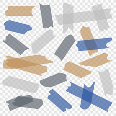 Adhesive tape. Transparent paper scotch tapes, masking sticky pieces glue strips. Isolated vector set