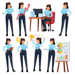 Businesswoman characters. Young business woman professional working in office. Girl employee cartoon vector set