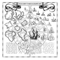 Example design elements to make your own fantasy or treasure maps. Includes city, forest, mountains, sea, waves, ocean. Imitation of medieval drawings. Hand-drawn sketch. Vector