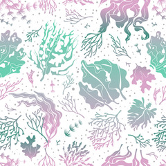 Fototapeta premium Seaweed seamless pattern. Marine plants silhouette texture. Sea kelp endless vector wallpaper