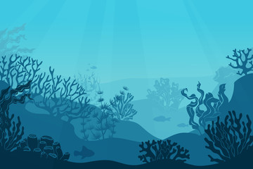 Underwater seascape. Seafloor, undersea with seaweed. Dark saltwater with corals silhouettes. Ocean reef bottom