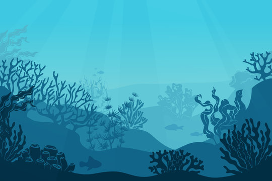 Underwater seascape. Seafloor, undersea with seaweed. Dark saltwater with corals silhouettes. Ocean reef bottom