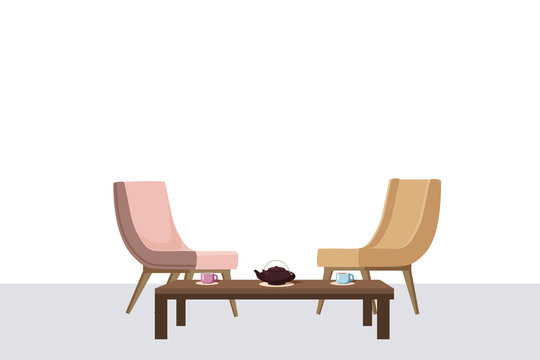 Chairs, tea table, furnitiure, teapot, cups, template for interior, living room, for animation, vector, illustration, isolated, cartoon style