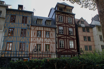 Rouen, France - October 10, 2018: Beautiful traditionally decorated houses of French Brittany. Medieval heritage of Europe