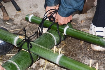Work of making Purification trough (Temizuya) Ladle rack in Japanese shrine with bamboo.