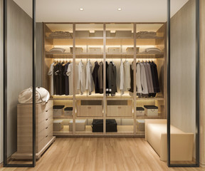 3d rendering luxury scandinavian wood walk in closet with wardrobe - obrazy, fototapety, plakaty