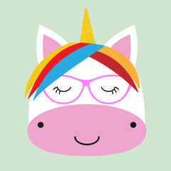Cute fantasy head unicorn in glasses isolated on green background.