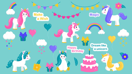 Set of unicorns, birthday party and elements. Cute rainbow, clouds, gifts, birthday cake. Decoration for the nursery. Vector illustration.