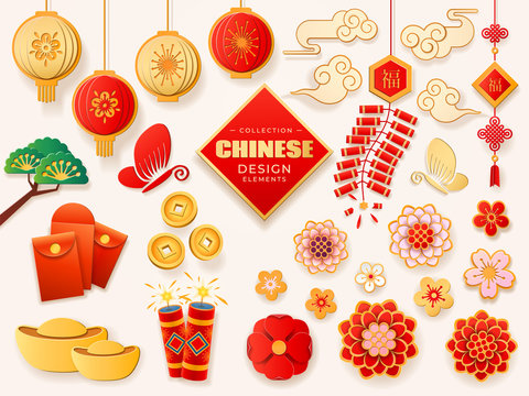 Set of isolated asian design elements. Collection of chinese or japanese, asian symbols. Lantern and cloud, hieroglyph character and tree, firework and flower, golden dumpling and envelope, coin.