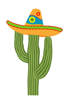Colorful cartoon cactus in sombrero hat