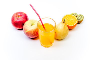 Fototapeta na wymiar different fruit and juice or smoothie in a glass