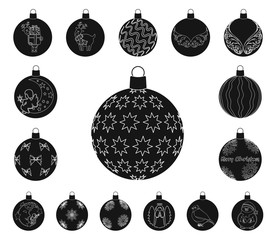 Christmas toys black icons in set collection for design.New Year balls vector symbol stock web illustration.