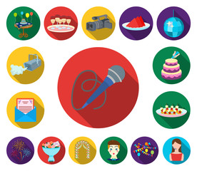 Event Organisation flat icons in set collection for design.Celebration and Attributes vector symbol stock web illustration.