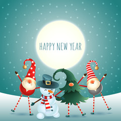 Scandinavian gnomes and snowman celebrate New year in front of magical moon - winter snowy background