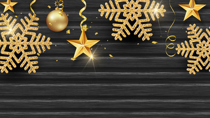 Christmas holiday design with paper cut snowflake style. Exquisite wooden dark background with golden snowflakes. Place for your text. Vector