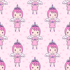 Seamless pattern with girl in a hairband unicorn with flowers, with wings and a heart in her hands, on a pink background. It can be used for packaging, wrapping paper, textile and etc.