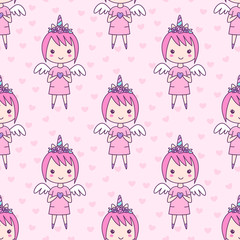 Seamless pattern with girl in a hairband unicorn with flowers, with wings and a heart in her hands, on a pink background. It can be used for packaging, wrapping paper, textile and etc.