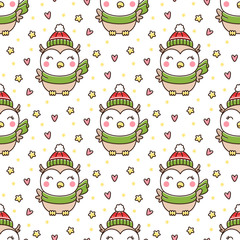 Seamless pattern with cute winter owl in a hat and scarf with stars and hearts. It can be used for packaging, wrapping paper, textile and etc.