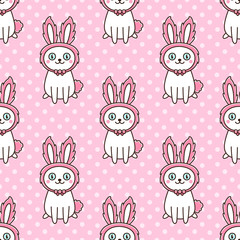 Seamless pattern with cute white cat in a hat bunny ears,  on a pink background with white dots. It can be used for packaging, wrapping paper, textile and etc.