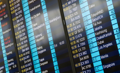 Departures display board at airport terminal showing international destinations flights