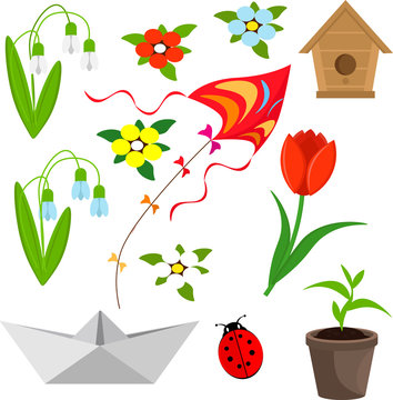 Spring vector set: Tulip, snowdrops, kite, paper boat, birdhouse. Pictures isolated on white background.