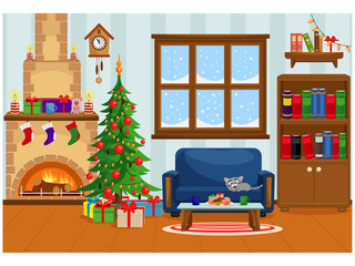 Obraz premium Vector illustration of a decorated room for Christmas and new year with a fireplace, Christmas tree, window, treats and gifts.