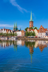A view of the old town of Luebeck (German: Lübeck), Germany, across the river Trave.