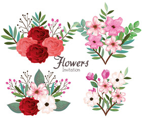 setof beautiful flowers and leafs invitation card