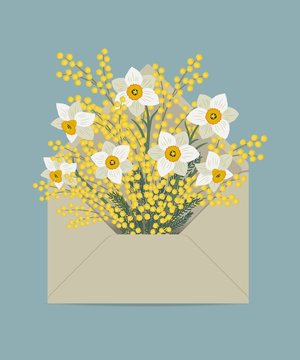 Bouquet of daffodils and mimosa in the postal envelope. Spring flowers. Flower delivery concept. Floral composition. Vector illustration on a blue background