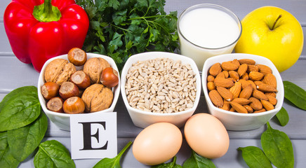 The ingredients of the dishes containing vitamin E. A healthy diet.