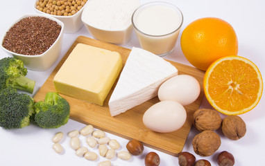 Food products containing a large amount of calcium isolated on white background.