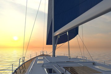 Obraz premium Sailing lboat at open sea towards sunset 3d illustration