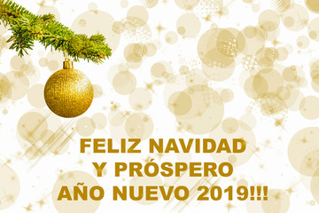 Fir tree branch with a golden glitter ball on white background. Bokeh effects. Christmastime. Christmas postcard. Feliz Navudad