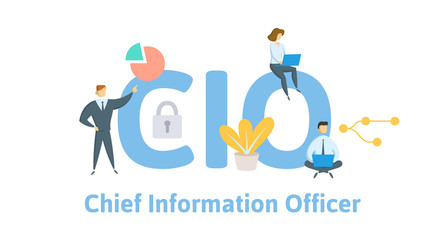 CIO, Chief Information Officer. Concept with keywords, letters, and icons. Colored flat vector illustration. Isolated on white background. - obrazy, fototapety, plakaty