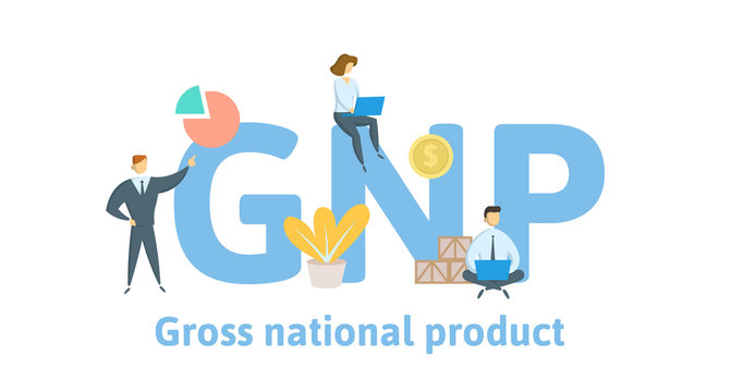 GNP, gross national product. Concept with keywords, letters and icons. Colored flat vector illustration on white background.