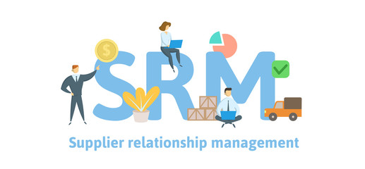 SRM, supplier relationship management. Concept with keywords, letters and icons. Colored flat vector illustration. Isolated on white background.