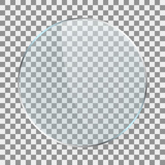 Glass round circle. See through element on transparent  background. Plastic banner with reflection and shadow. Glass plate mock up.