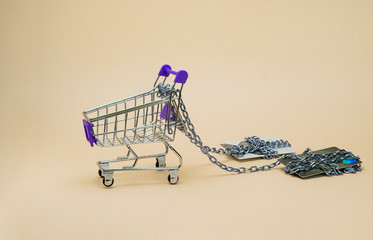 shopping time, shopping cart pulls credit cards on the chain