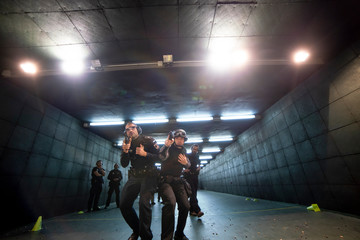 Police training in shooting gallery with short weapon.