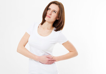 Young female touching her left side in pain. Kidney inflammation and therapy. Medicine and health...