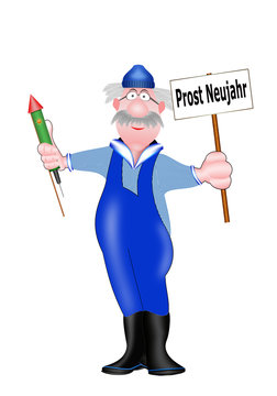 Prost Neujahr, Seemann mit B&ouml;ller und Schild, wei&szlig;er Hintergrund