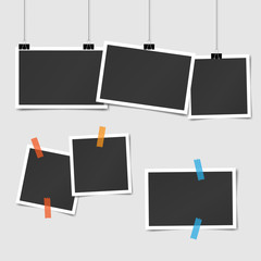 set of square vector photo frames on sticky tape and pins. Vertical and horizontal template photo design