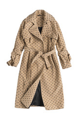 beige women's trench coat in polka dots on a white background