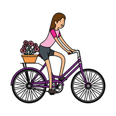 woman in retro bicycle with floral basket